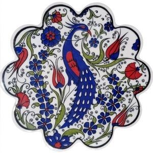 Kutahya Turkey Handmade Peacock Ceramic Plate Trivet 8” Signed 2016